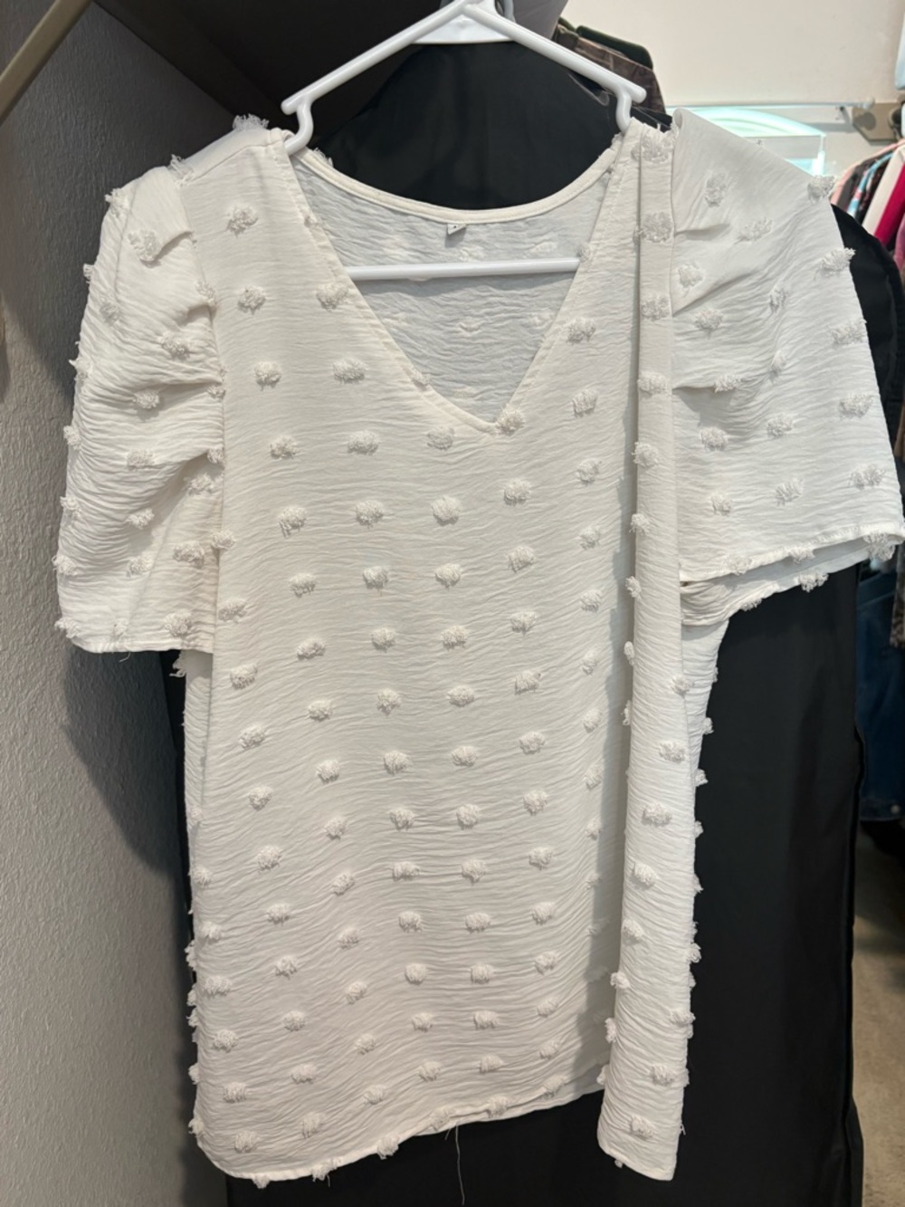 White Textured Dot V-Neck Short Sleeve Top